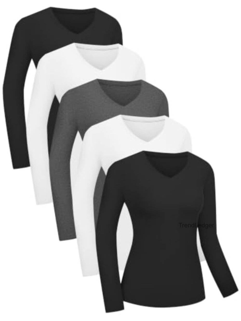 5 Pack Women's Long Sleeve V-Neck Shirts Slim Fitted Stretchy